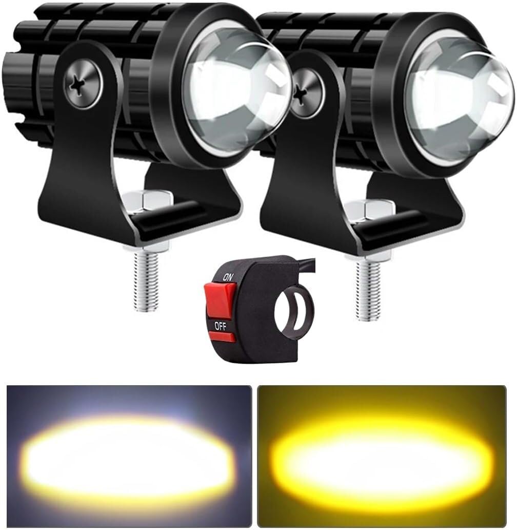 Universal Bike LED Fog Light – White & Yellow Beam, Set of 2 with Switch
